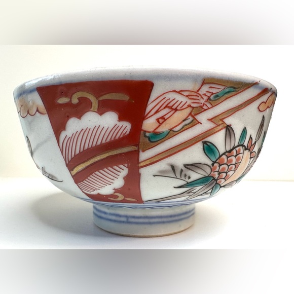Antique Japanese Hand Painted Imari Footed Bowl 4.5” Diameter-White Red Blue - Picture 1 of 16